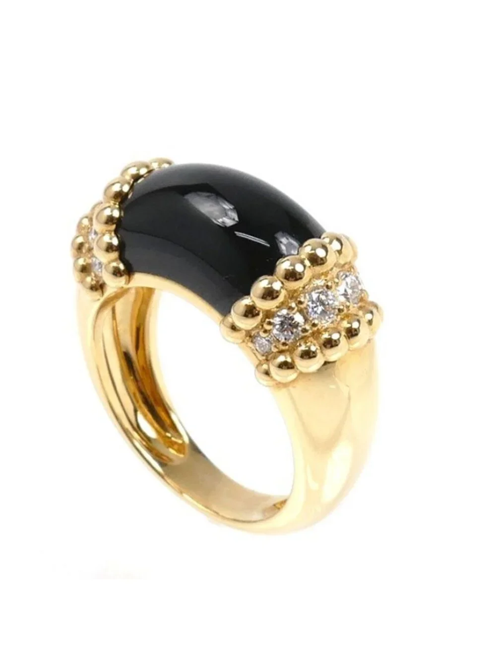 Van Cleef & Arpels 18K Yellow Gold Perlee Coule Ring Diamond Onyx